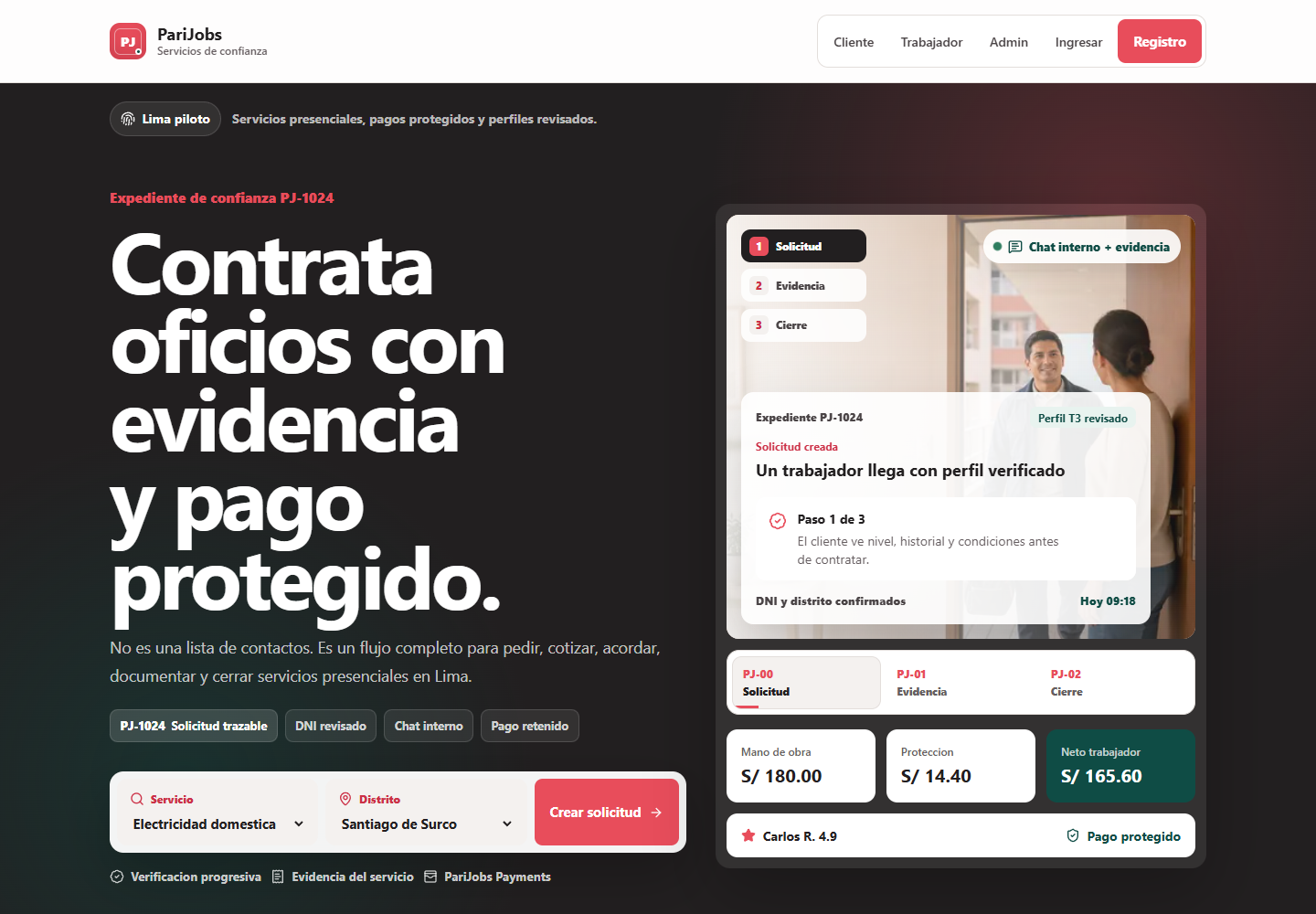 Página principal real de PariJobs con solicitud, evidencia y pago protegido
