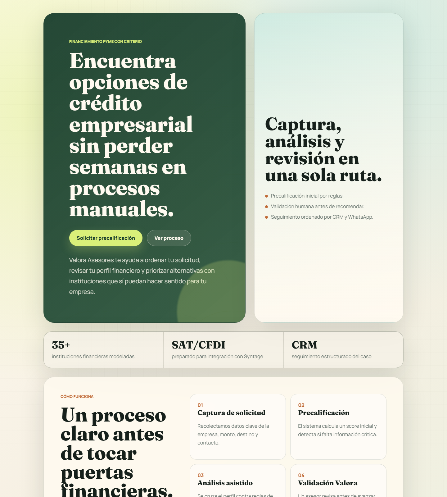 Landing real de Valora para precalificación de crédito empresarial